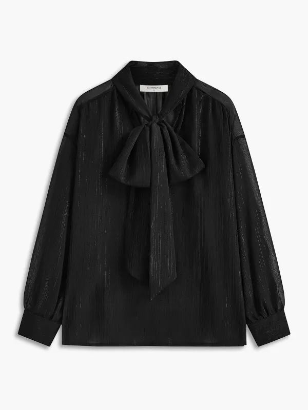 Semi-Sheer Tie-Neck Chiffon Blouse sold by COMMENSE