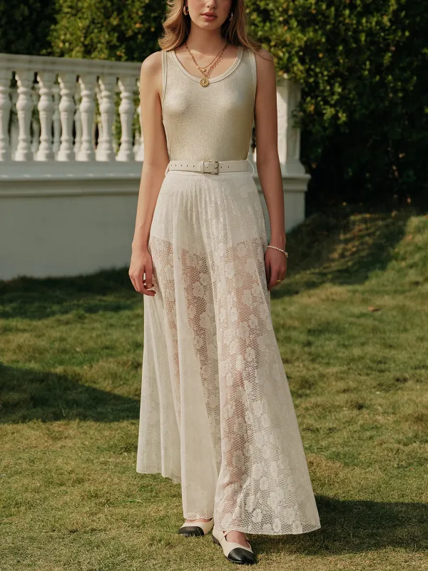 Sheer Lace Split Skirt With Belt sold by COMMENSE