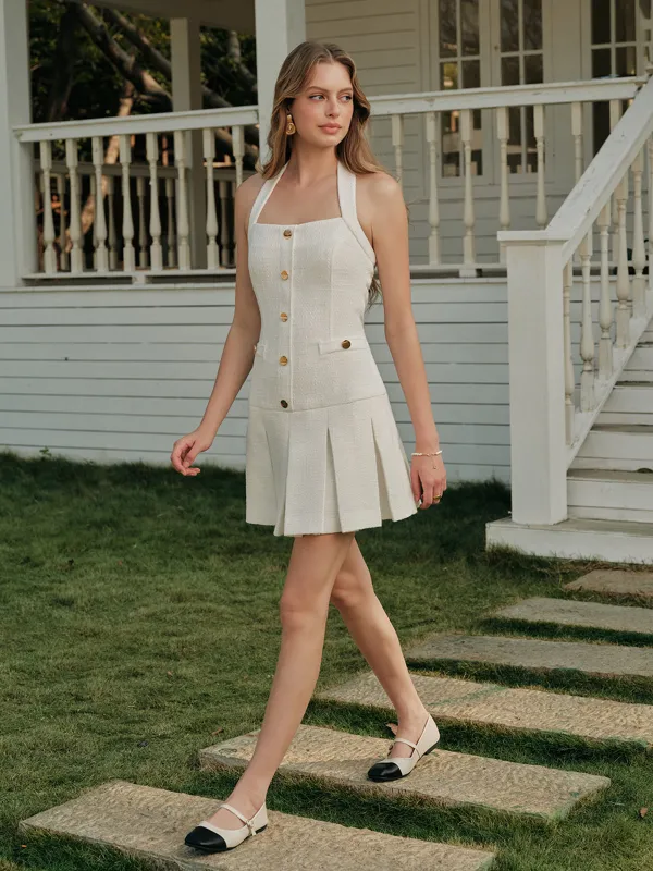 Backless Metal Button Pleated Dress sold by COMMENSE