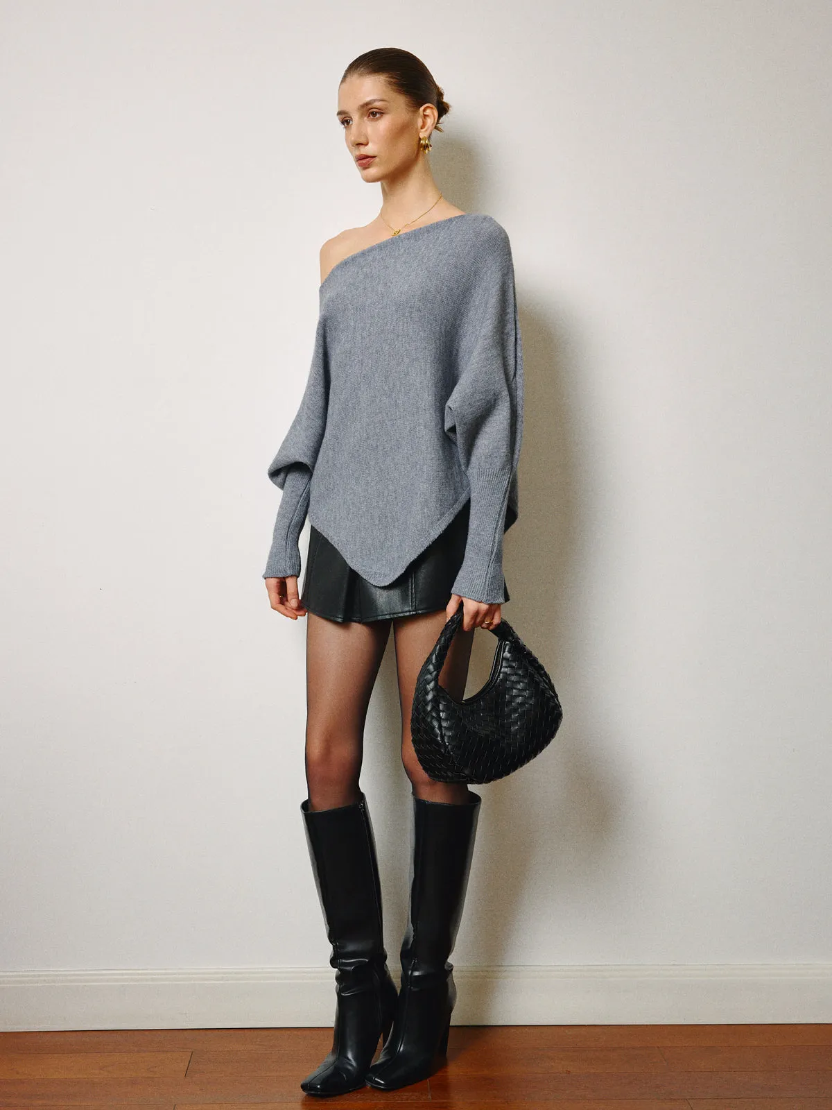 Oversized Asymmetrical Neck Leg-Of-Mutton Sleeve Sweater sold by COMMENSE product image thumbnail 3