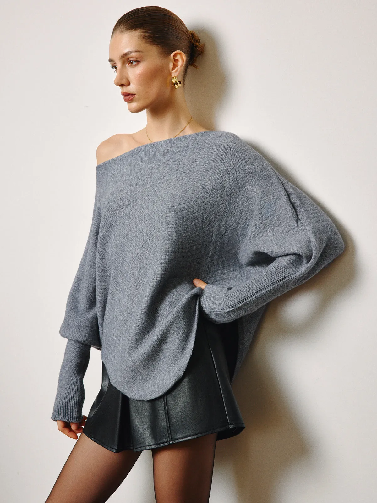 Oversized Asymmetrical Neck Leg-Of-Mutton Sleeve Sweater sold by COMMENSE product image thumbnail 5