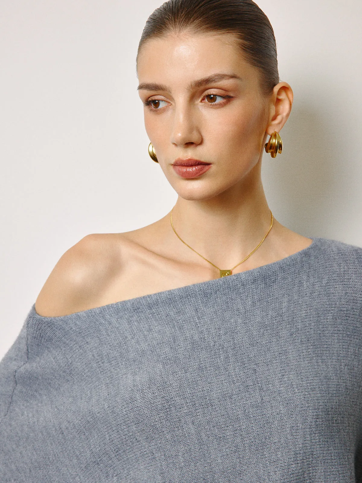Oversized Asymmetrical Neck Leg-Of-Mutton Sleeve Sweater sold by COMMENSE product image thumbnail 4
