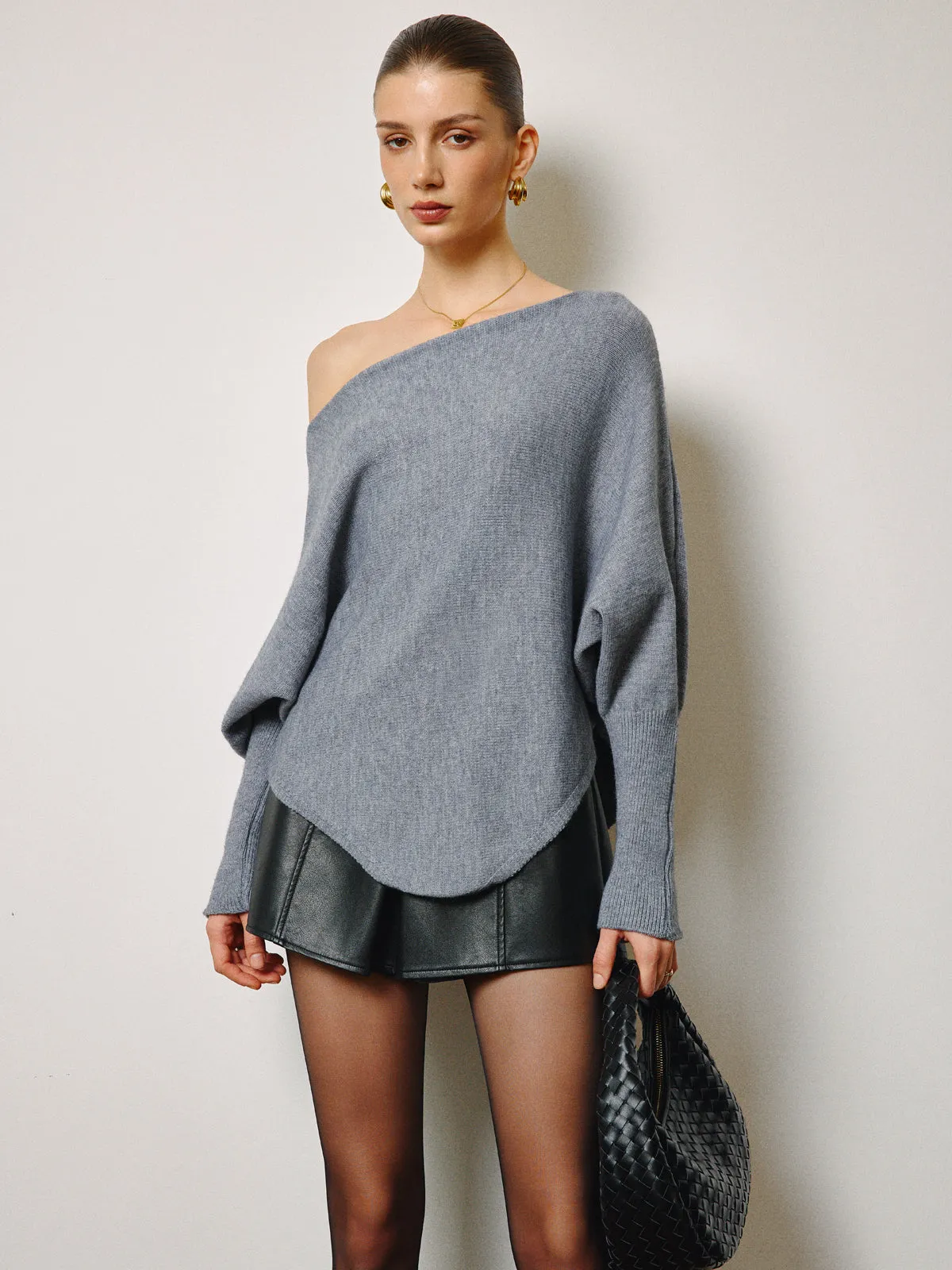 Oversized Asymmetrical Neck Leg-Of-Mutton Sleeve Sweater sold by COMMENSE product image thumbnail 2