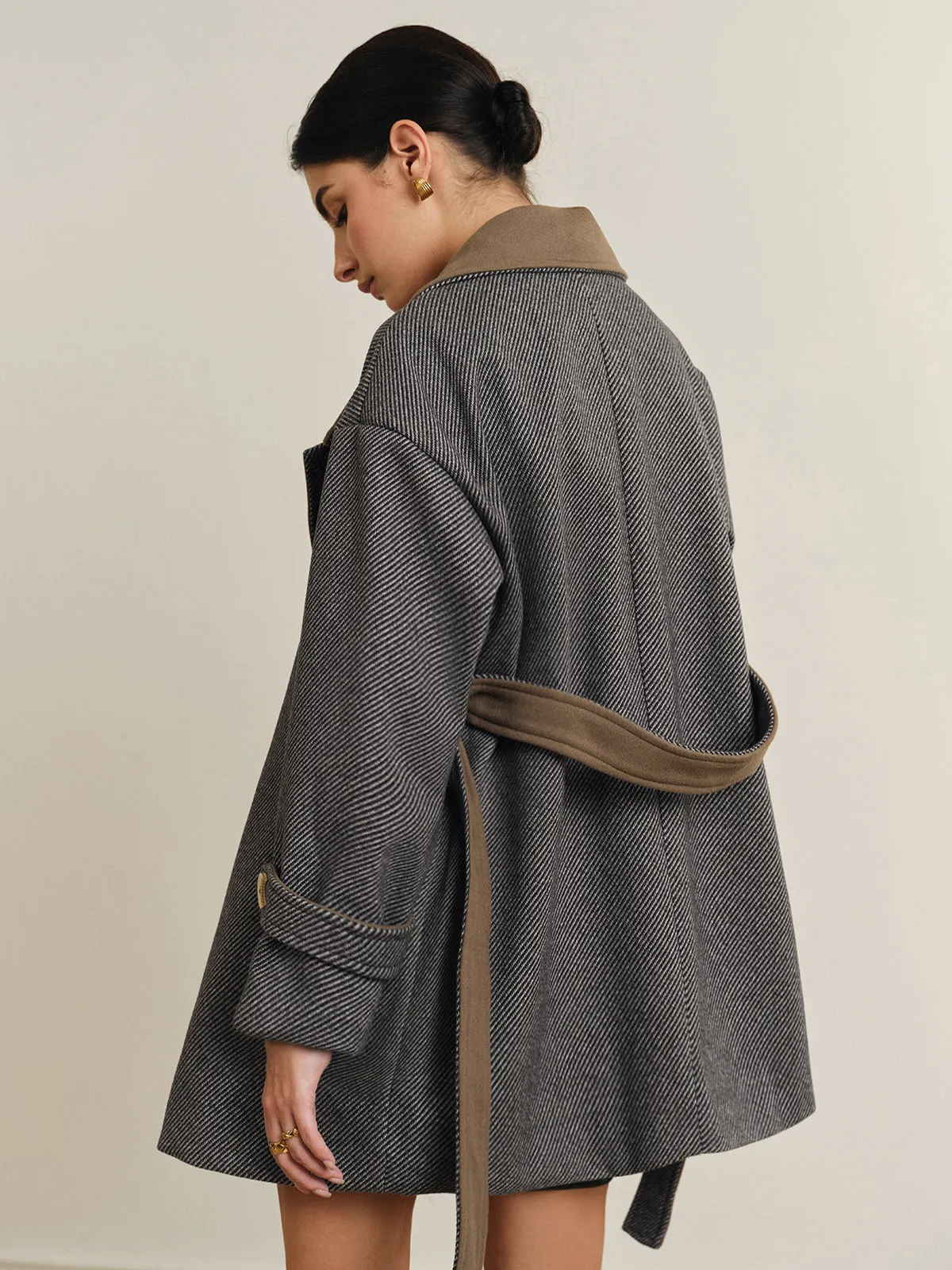 Oversized Contrast Collar Belted Wool Coat sold by COMMENSE product image thumbnail 5
