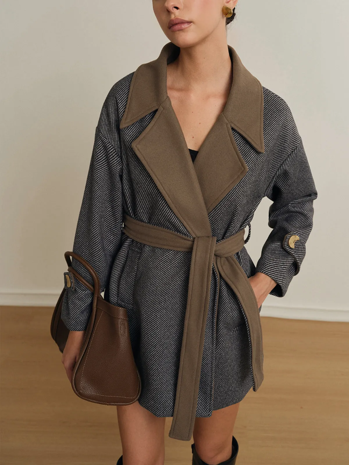 Oversized Contrast Collar Belted Wool Coat sold by COMMENSE product image thumbnail 2