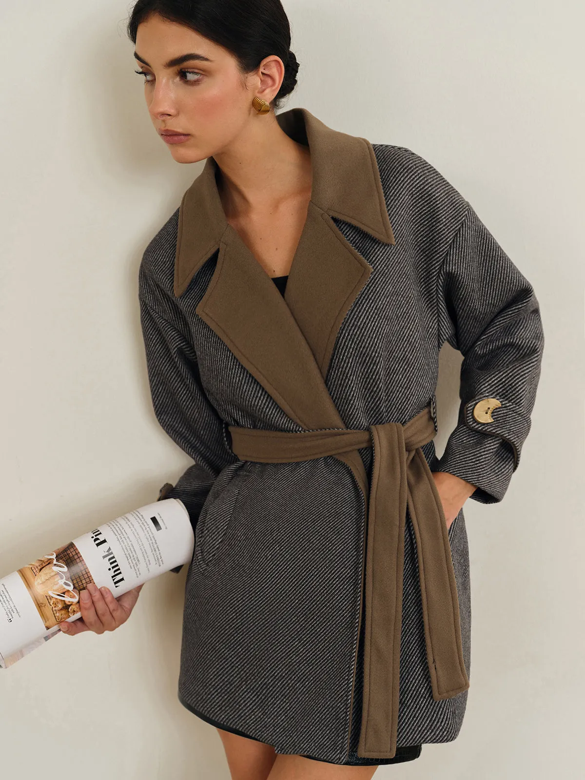 Oversized Contrast Collar Belted Wool Coat sold by COMMENSE product image thumbnail 3