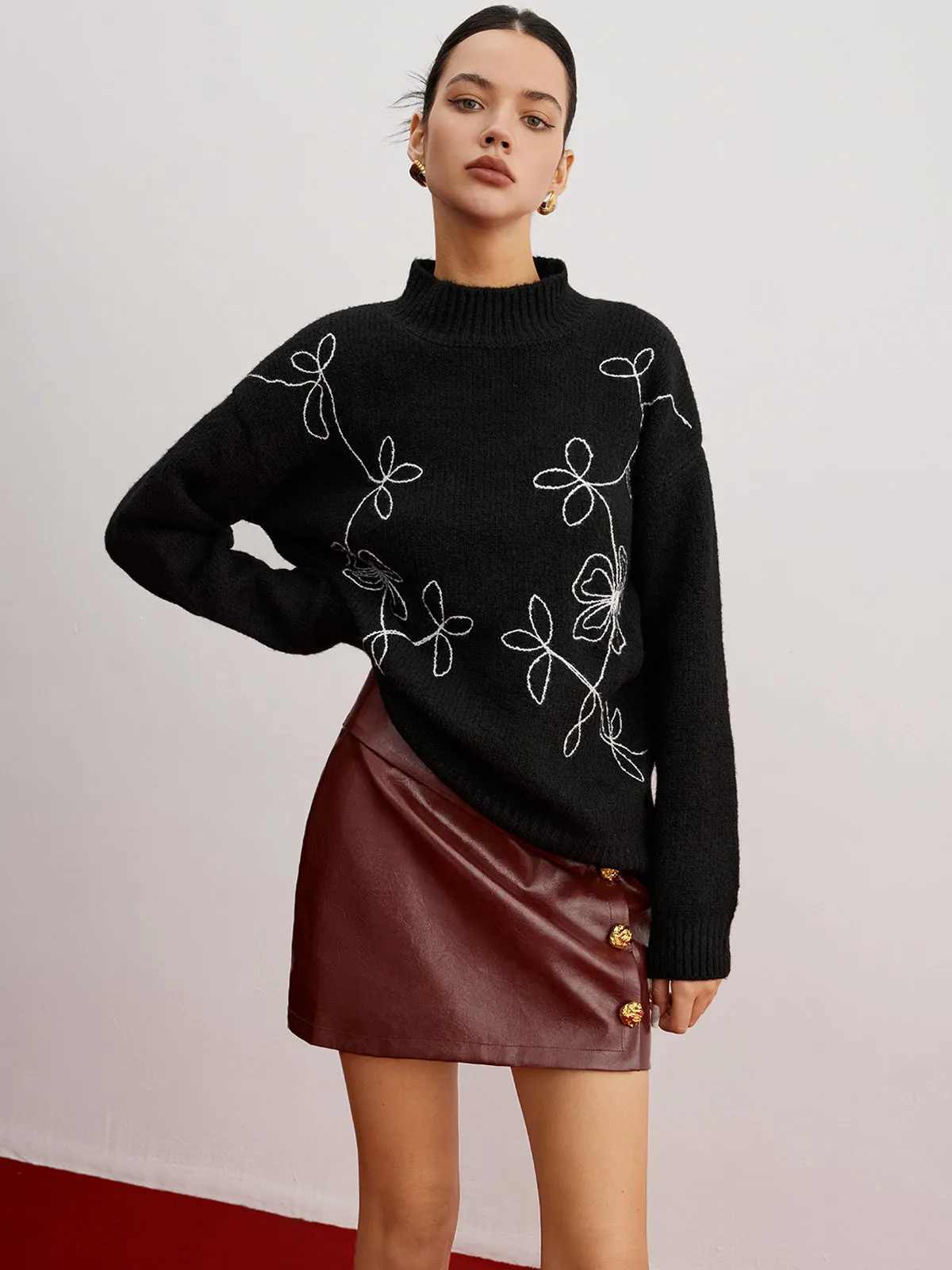 Mock Neck Floral Shift Sweater sold by COMMENSE product image thumbnail 3