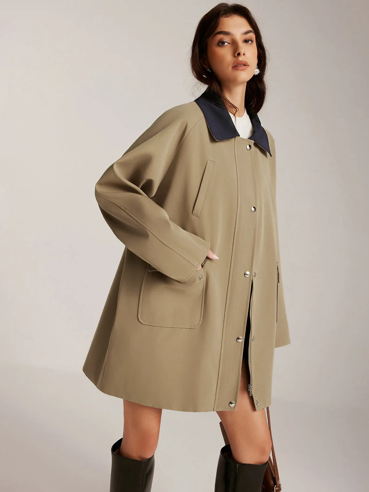 Contrast-Collar Zipper Oversized Trench Coat sold by COMMENSE product image thumbnail 3