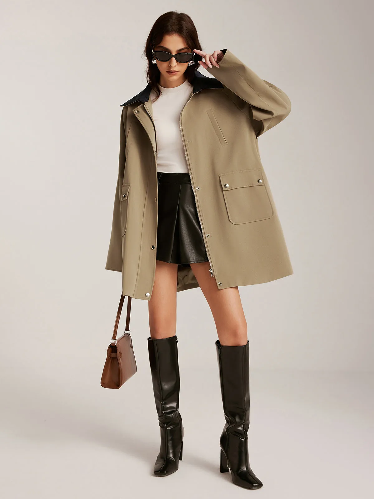 Contrast-Collar Zipper Oversized Trench Coat sold by COMMENSE product image thumbnail 4