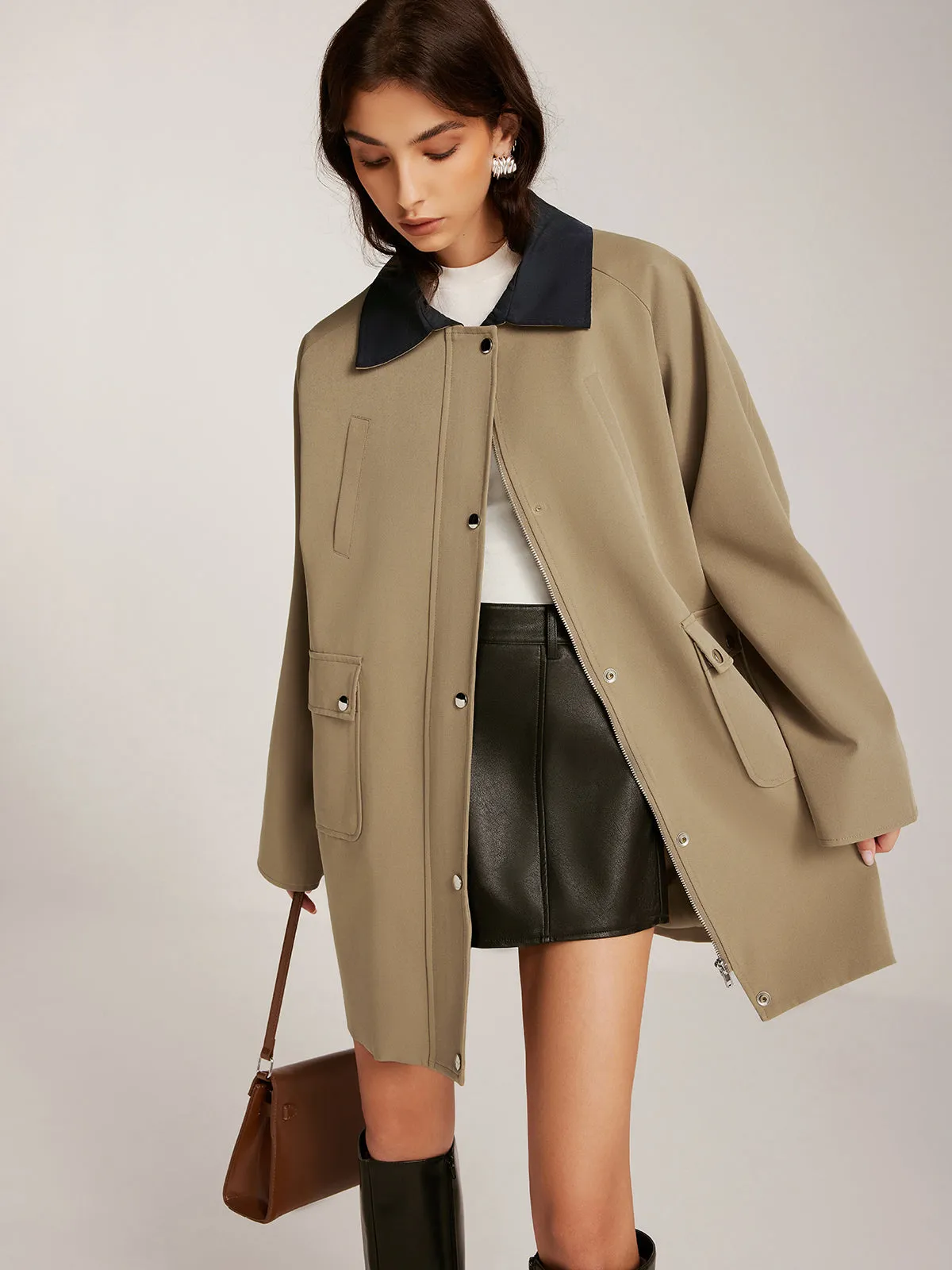 Contrast-Collar Zipper Oversized Trench Coat sold by COMMENSE product image thumbnail 2