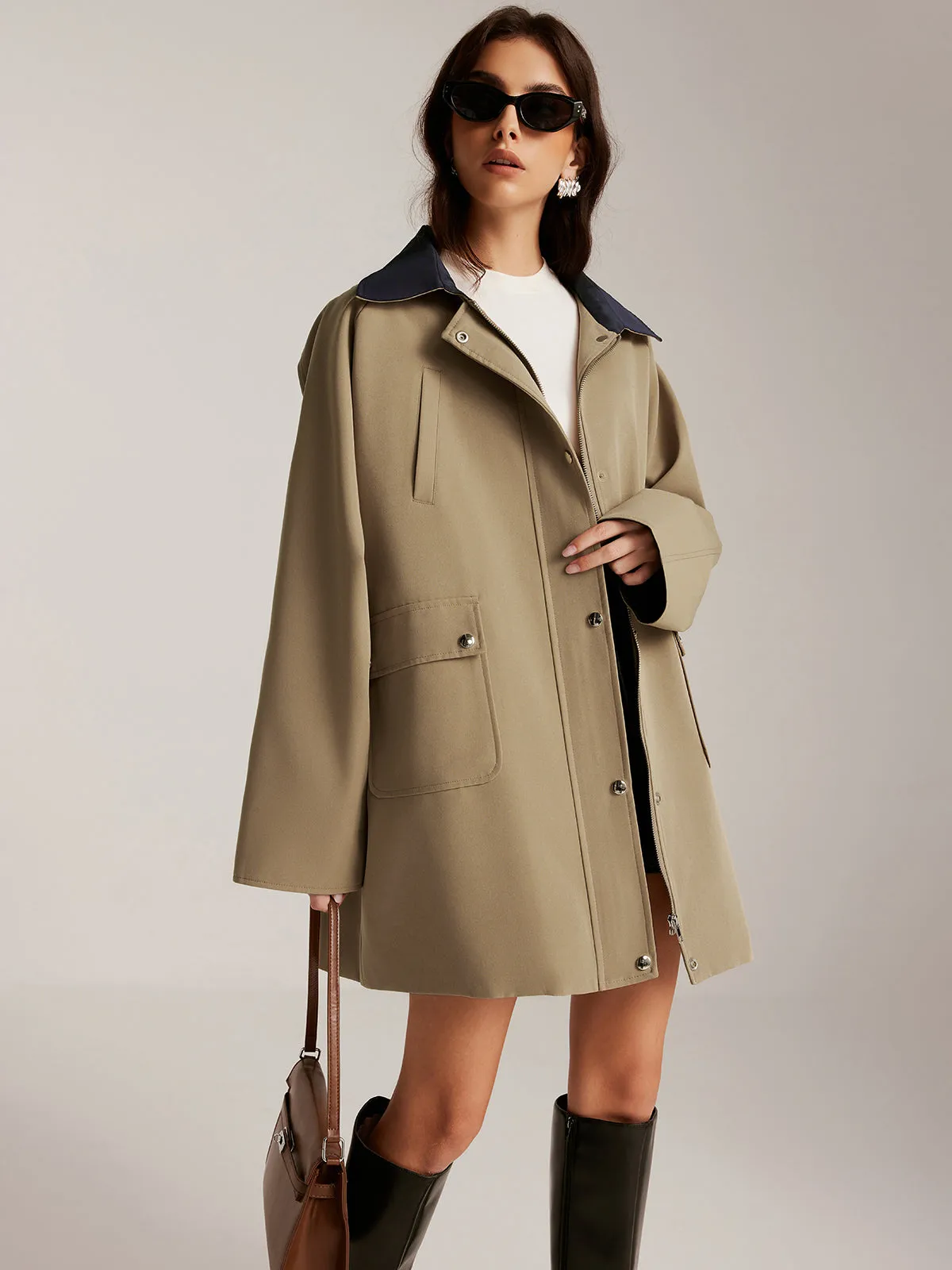 Contrast-Collar Zipper Oversized Trench Coat sold by COMMENSE product image thumbnail 5