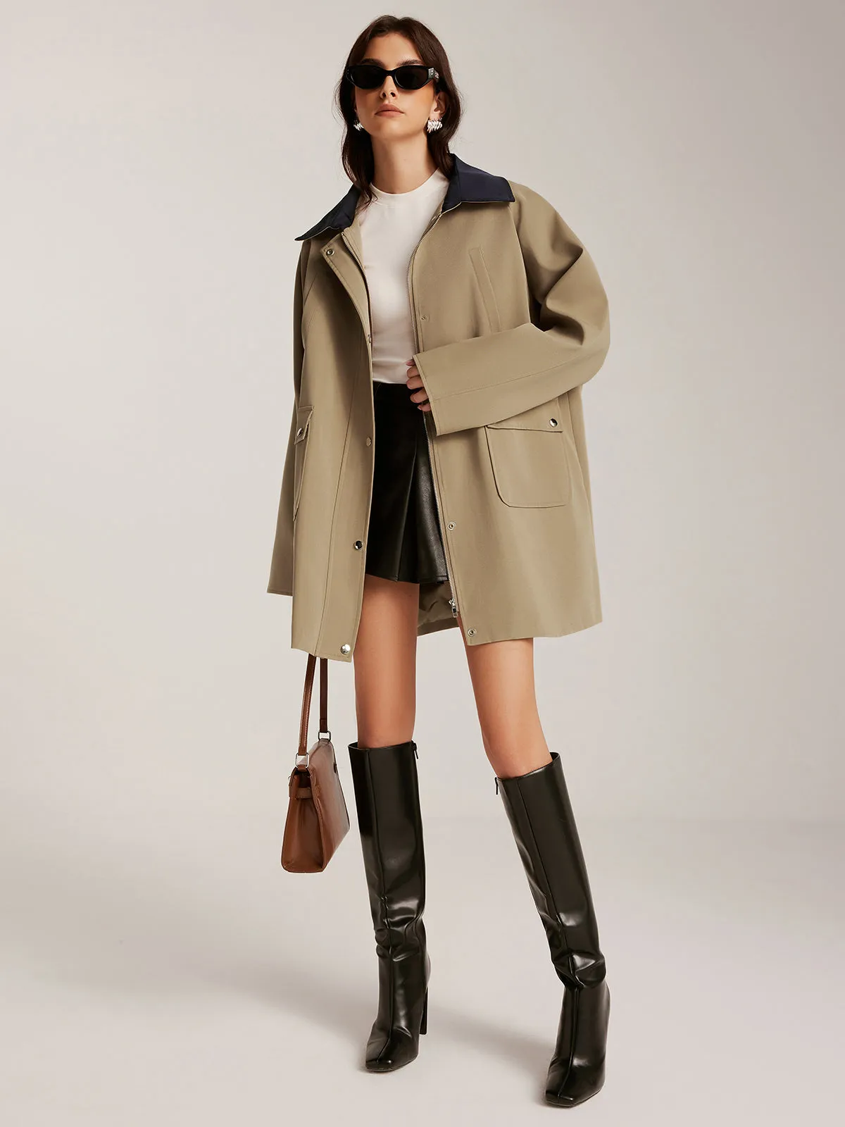 Contrast-Collar Zipper Oversized Trench Coat sold by COMMENSE