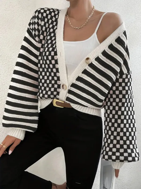 Oversized Geometric-Pattern Crop Knit Outerwear sold by COMMENSE