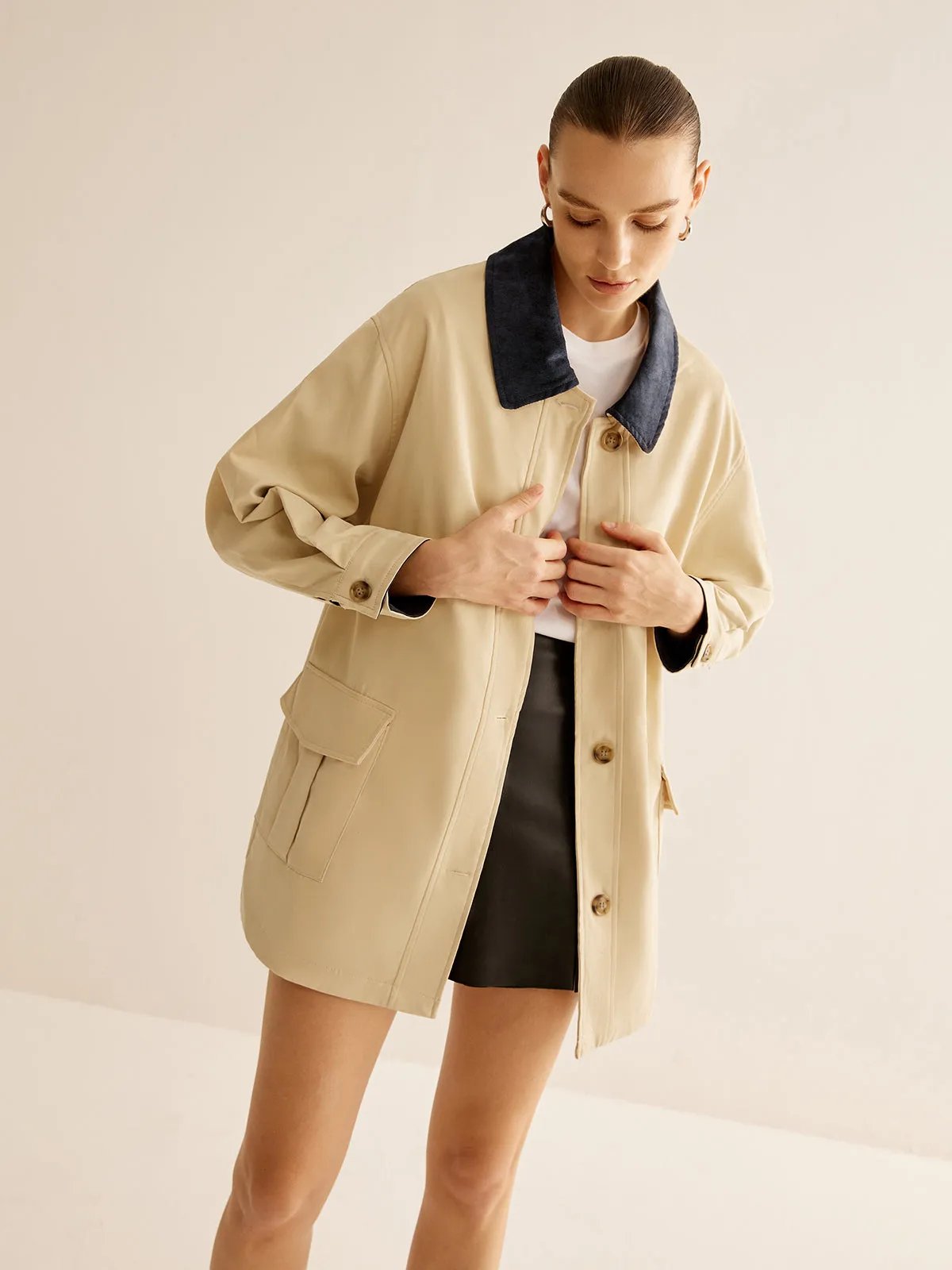 Oversized Cotton Contrast Collar Button Jacket sold by COMMENSE product image thumbnail 3