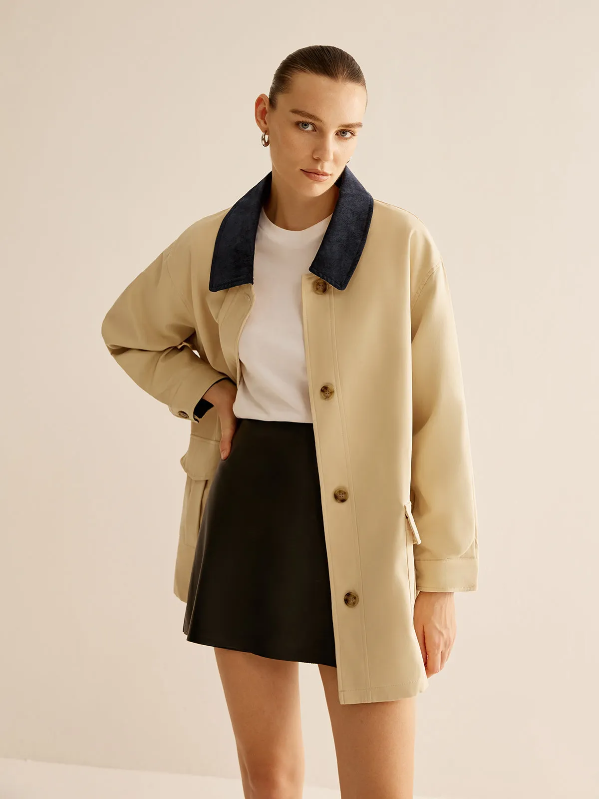 Oversized Cotton Contrast Collar Button Jacket sold by COMMENSE product image thumbnail 5