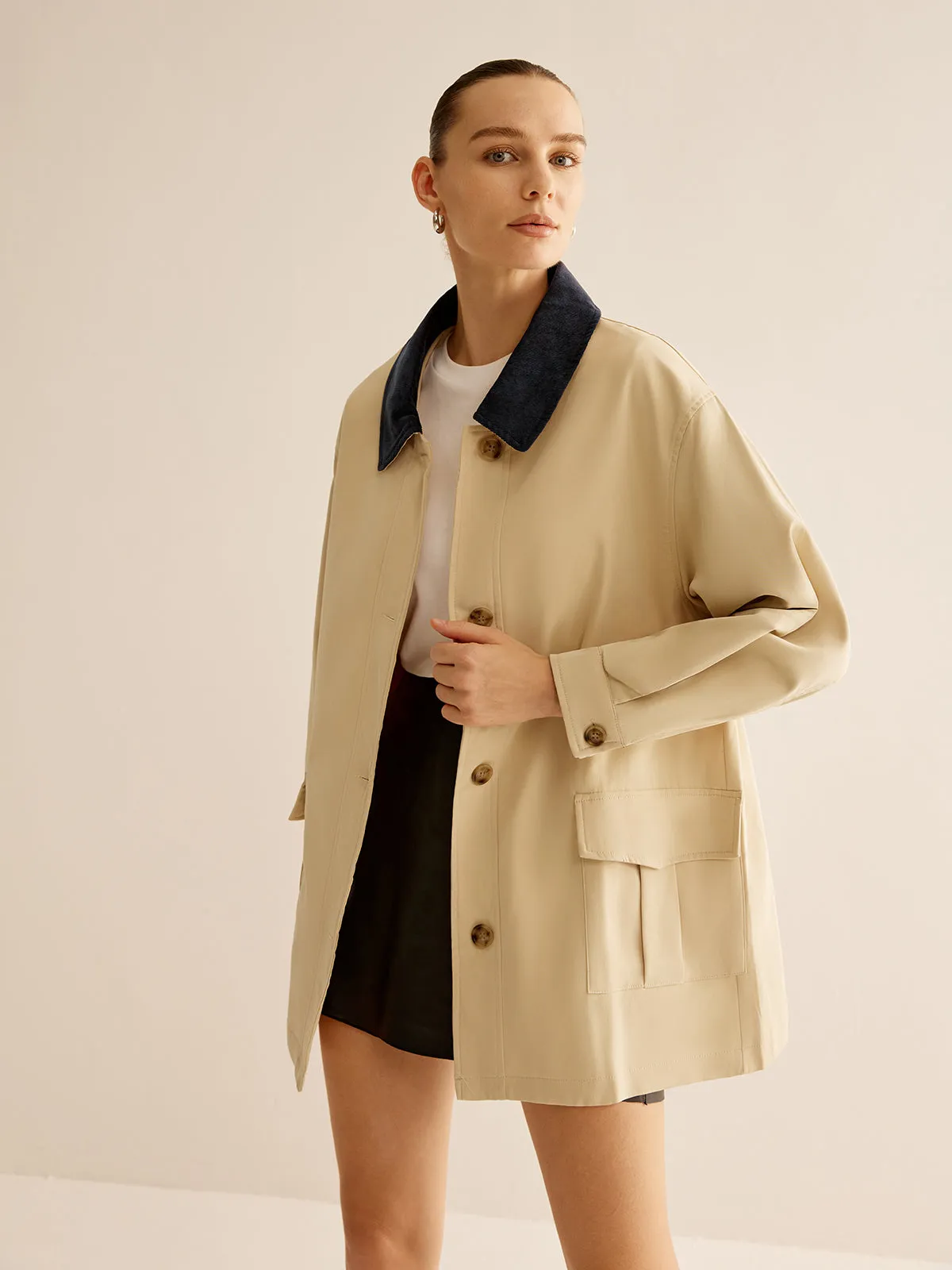 Oversized Cotton Contrast Collar Button Jacket sold by COMMENSE