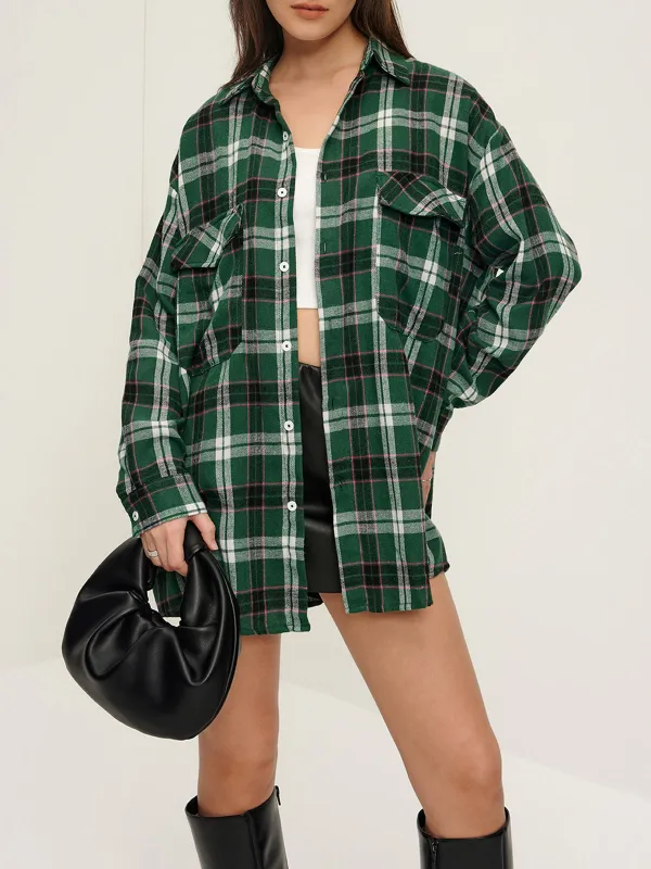 Oversized Plaid Lapel Pockets Shirt sold by COMMENSE