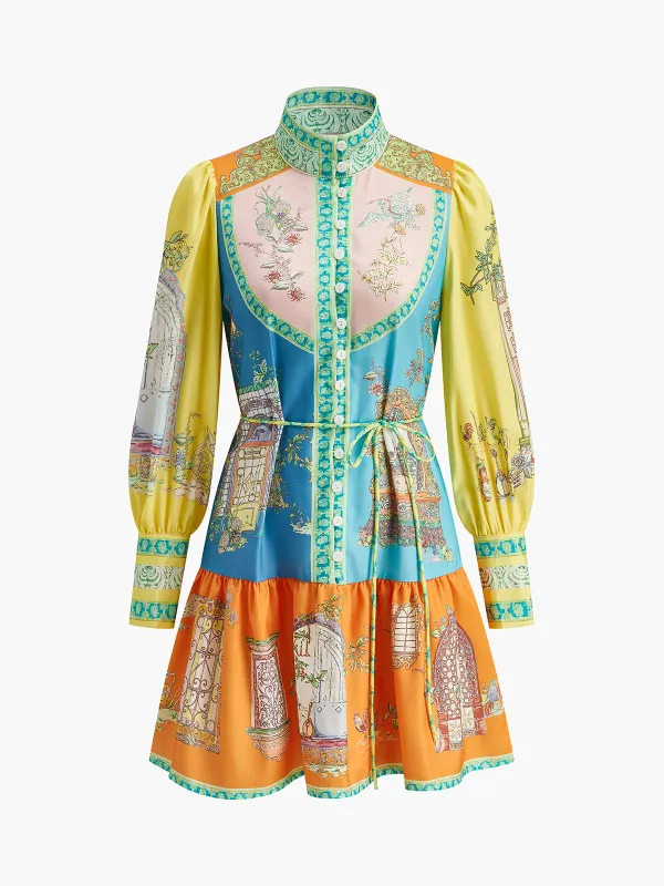 Print Mock-Neck Dress With Belt sold by COMMENSE