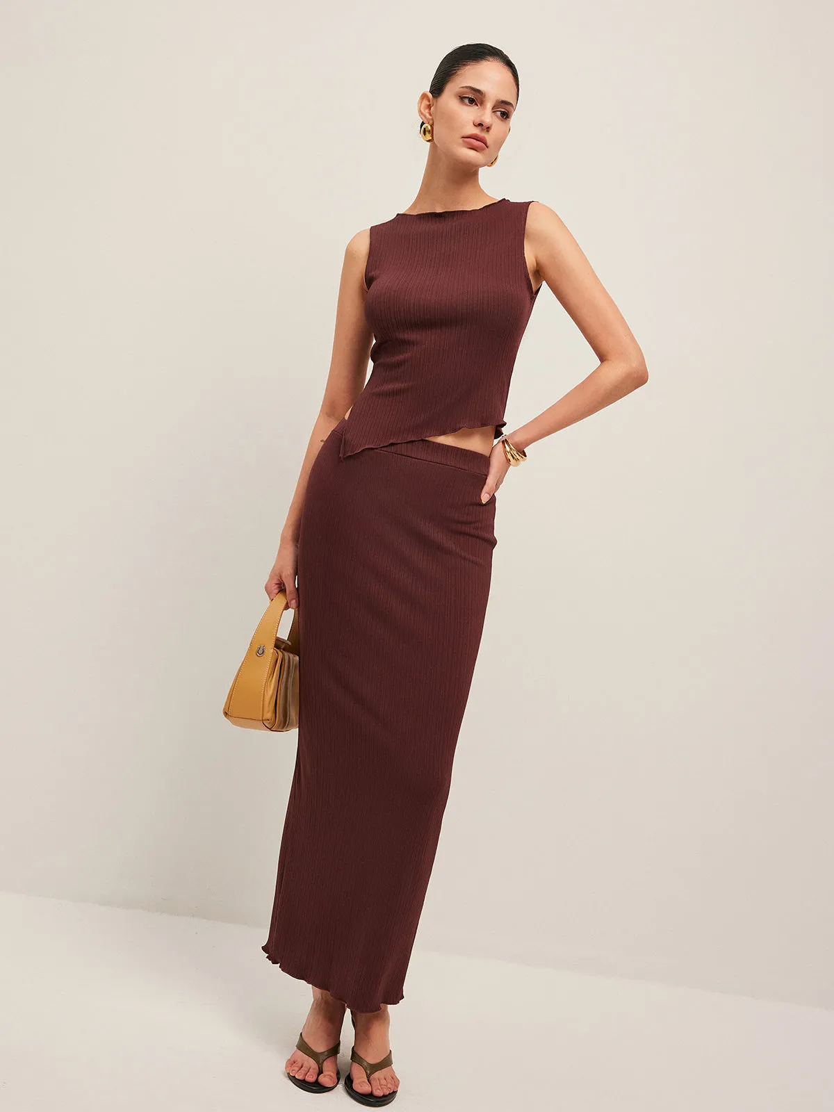Asymmetrical Hem Ribbed Skirt Set sold by COMMENSE