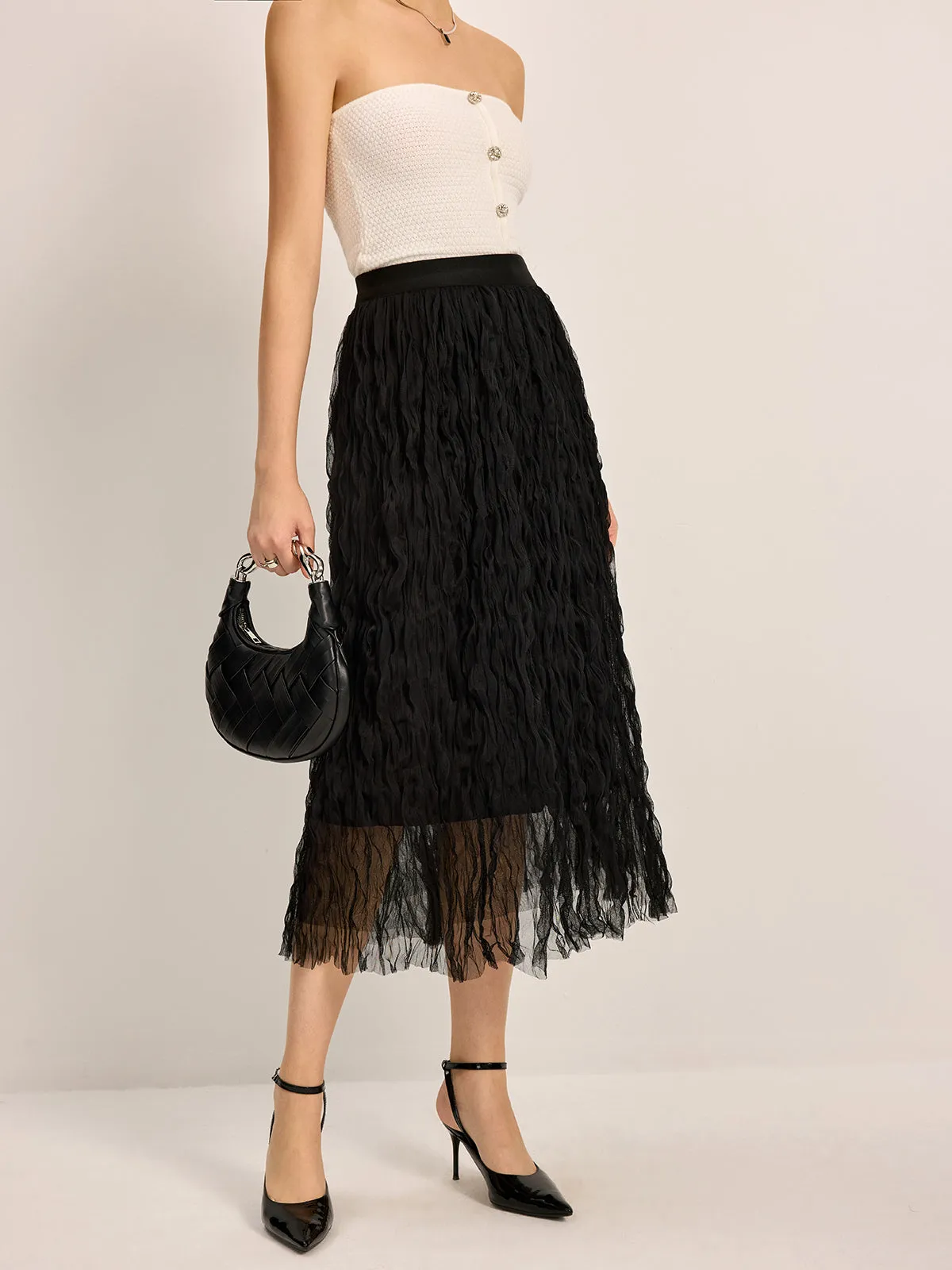 Pleated Tulle Midi Skirt sold by COMMENSE