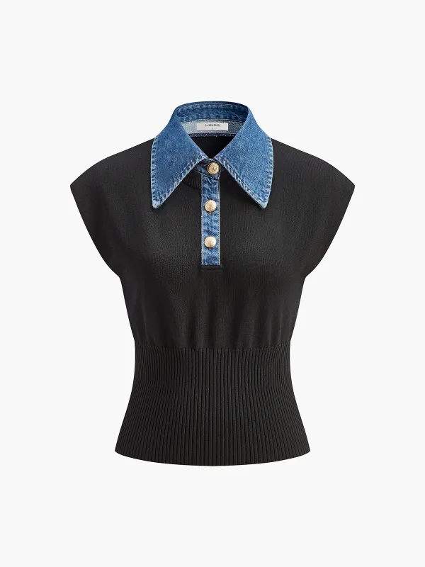 Denim Collar Ribbed Knit Top sold by COMMENSE