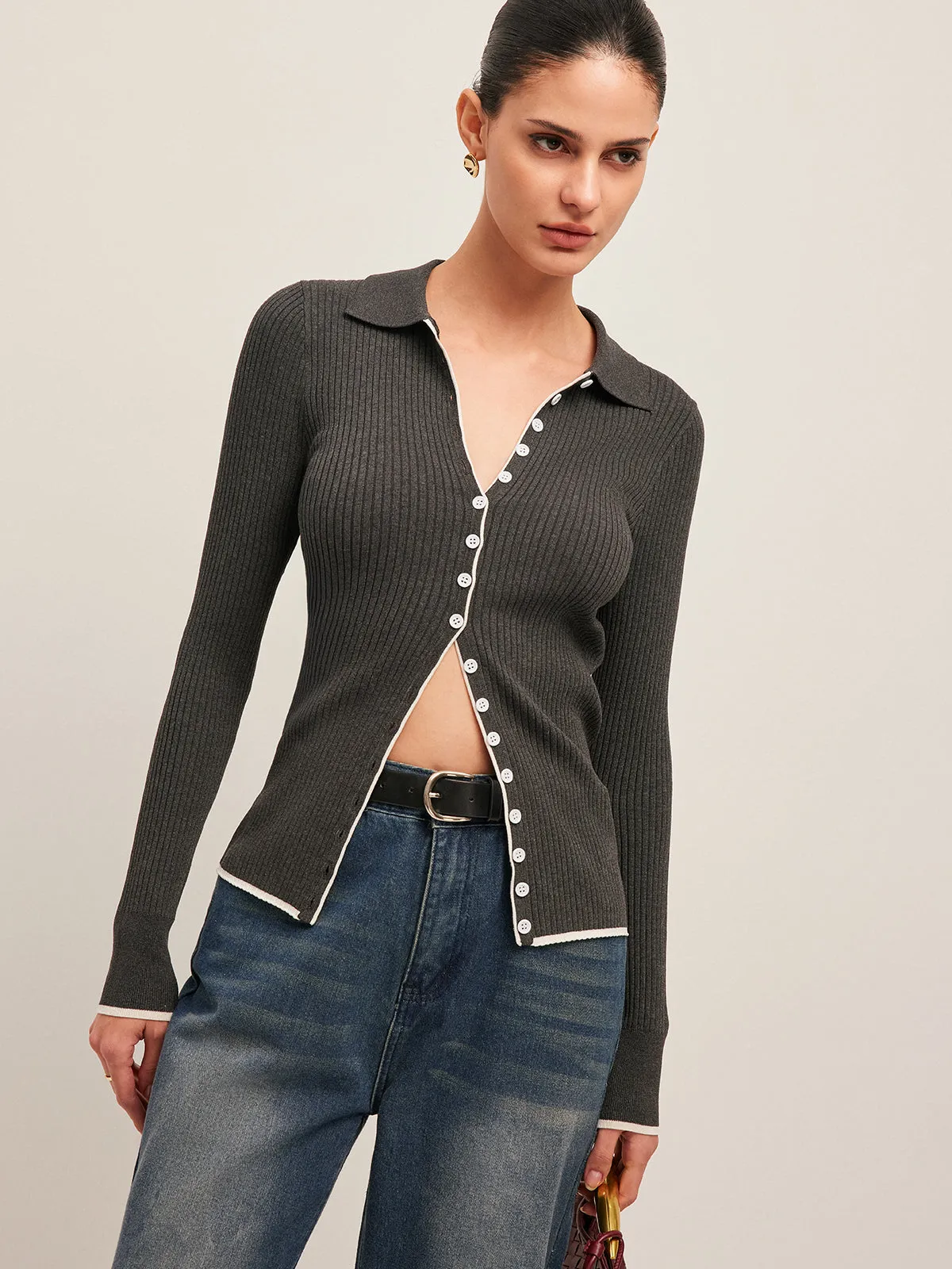 Ribbed Button-Front Cropped Cardigan sold by COMMENSE product image thumbnail 4
