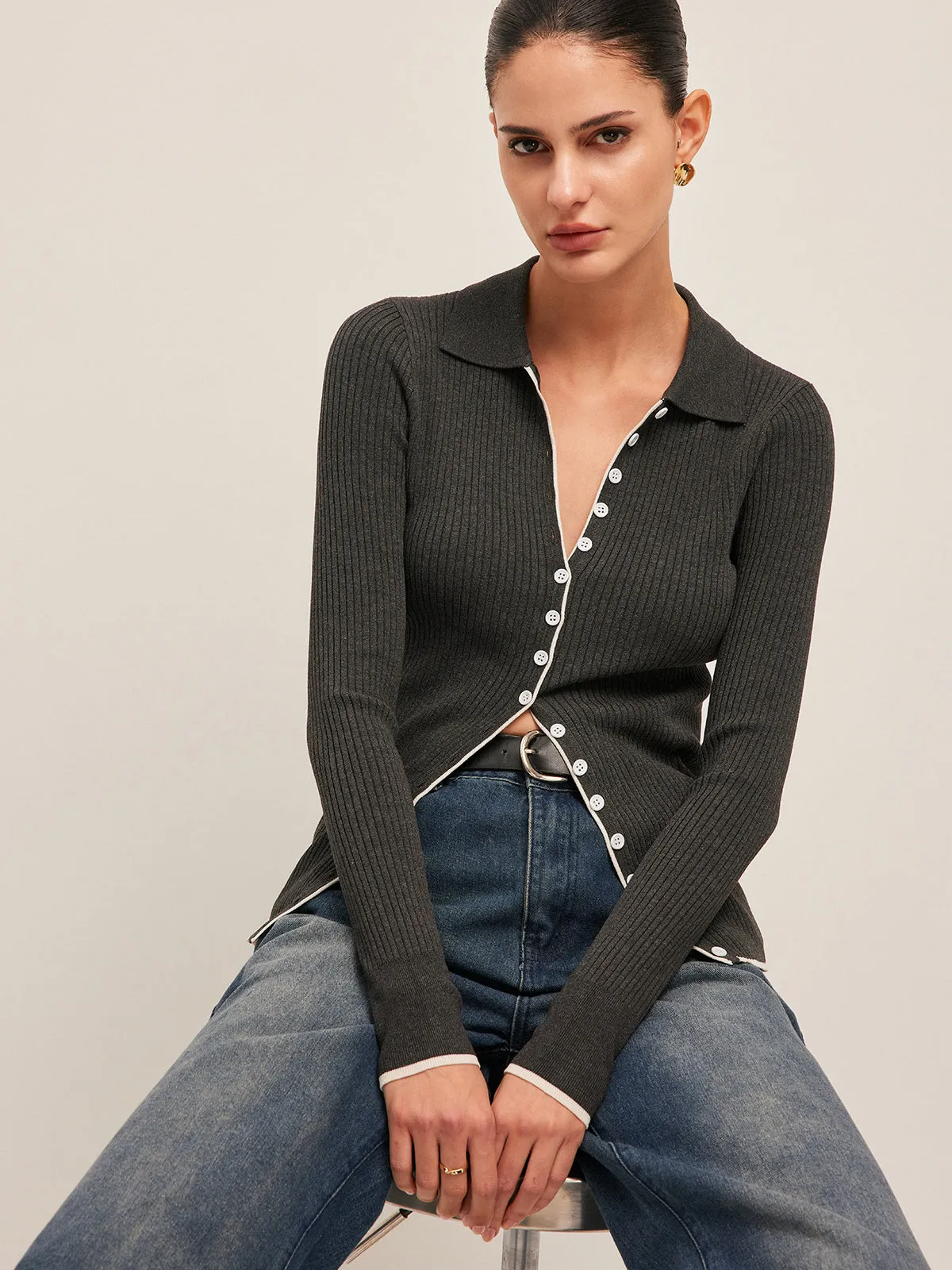 Ribbed Button-Front Cropped Cardigan sold by COMMENSE product image thumbnail 5