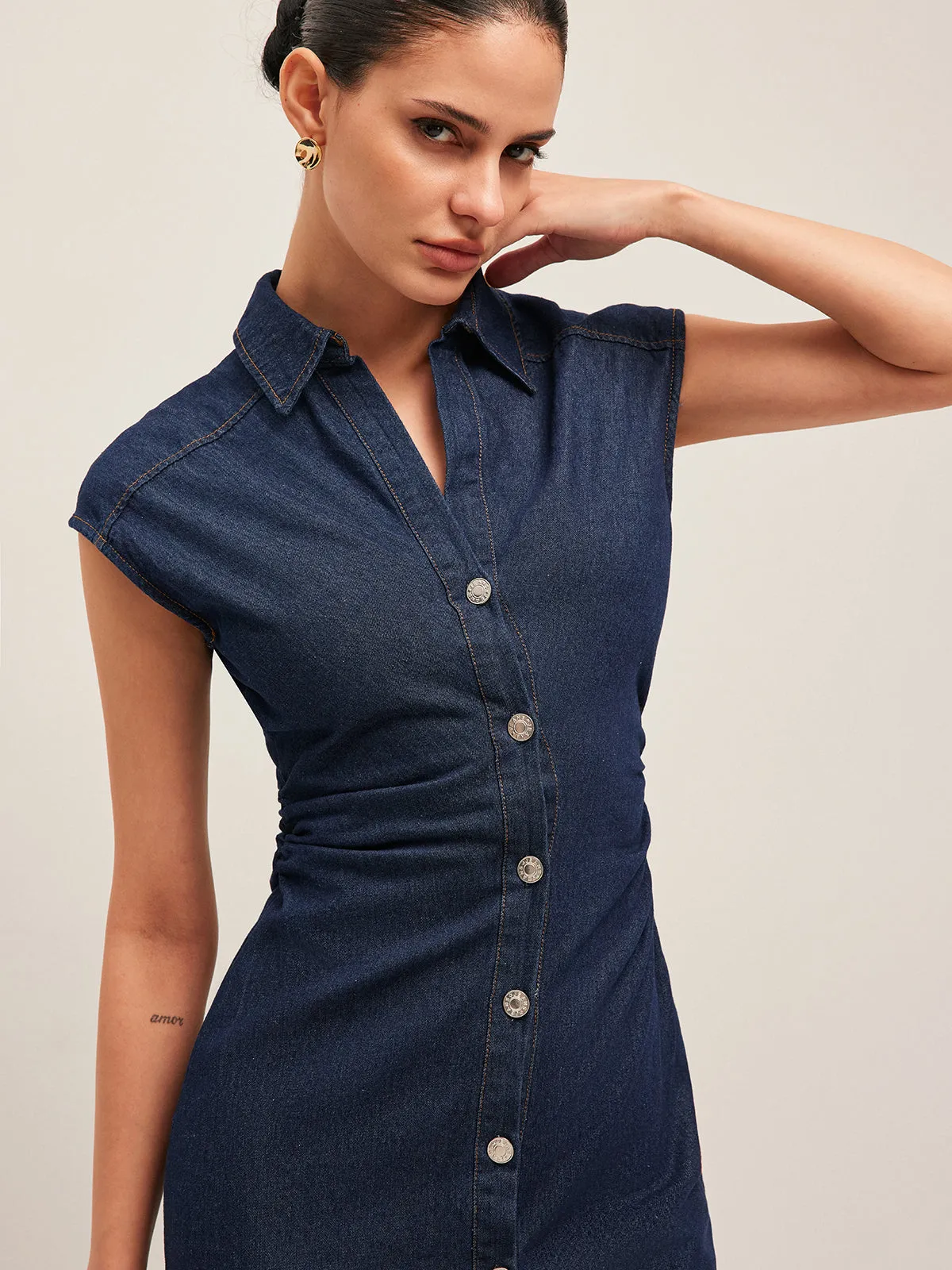 V-Neck Sleeveless Button Denim Dress sold by COMMENSE product image thumbnail 4
