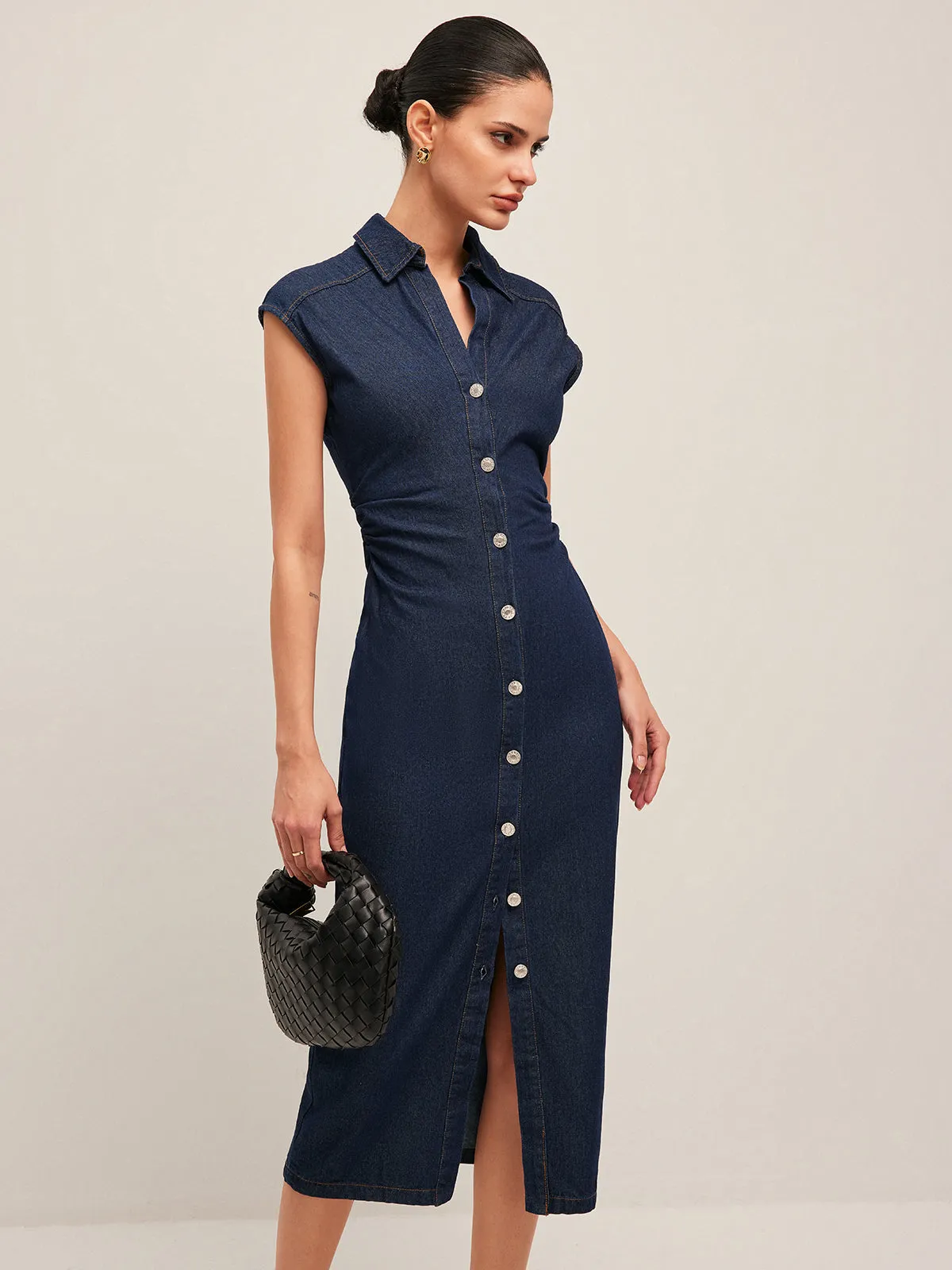 V-Neck Sleeveless Button Denim Dress sold by COMMENSE product image thumbnail 3