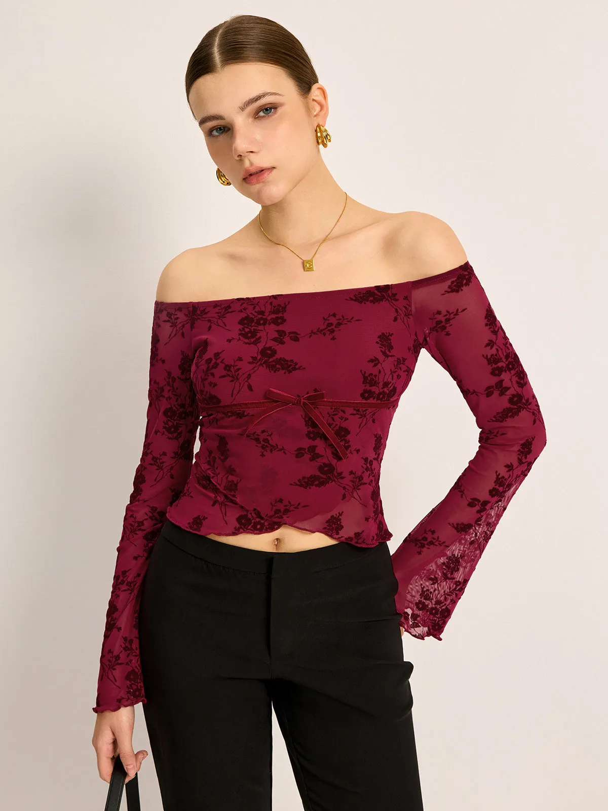 Off-Shoulder Floral Print Long Sleeve T-Shirt sold by COMMENSE product image thumbnail 3