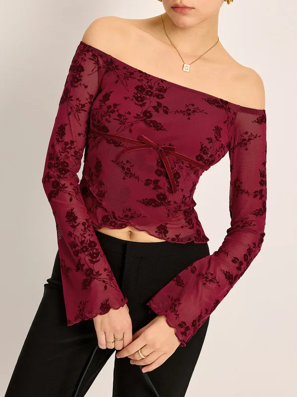 Off-Shoulder Floral Print Long Sleeve T-Shirt sold by COMMENSE