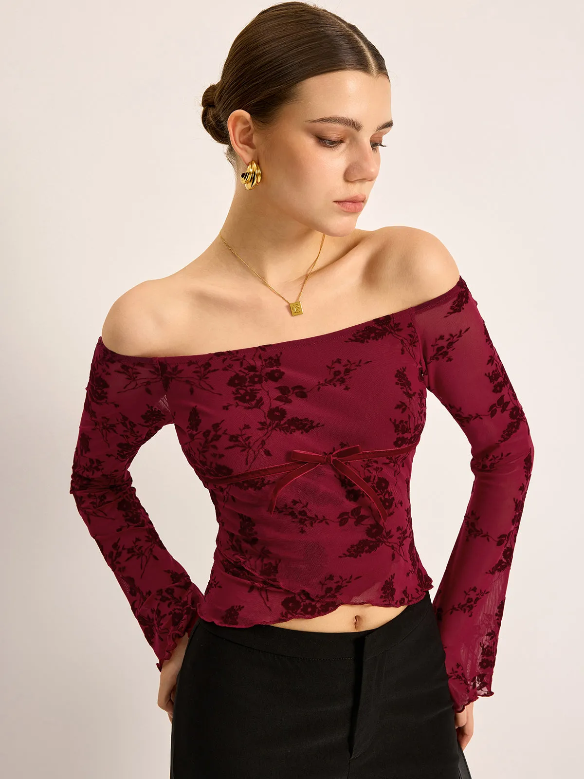 Off-Shoulder Floral Print Long Sleeve T-Shirt sold by COMMENSE product image thumbnail 2