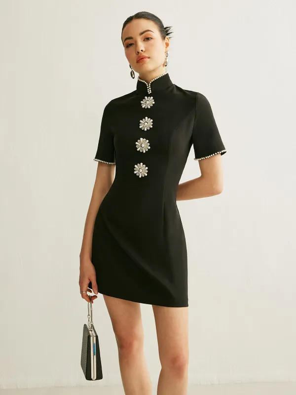 Stand Collar Pearl Trim Dress sold by COMMENSE