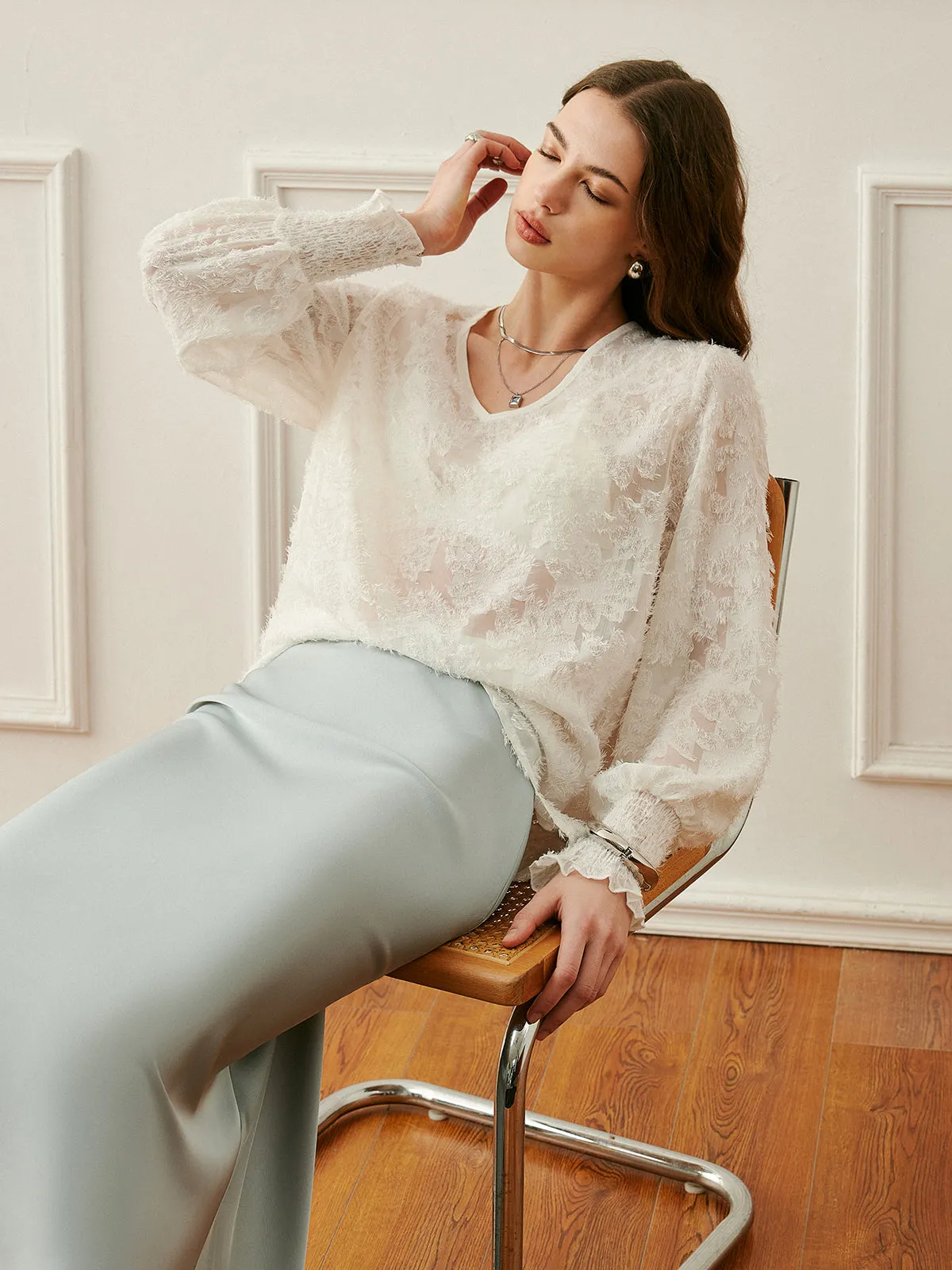 V-Neck Lantern Sleeve Embroidered Top sold by COMMENSE product image thumbnail 4