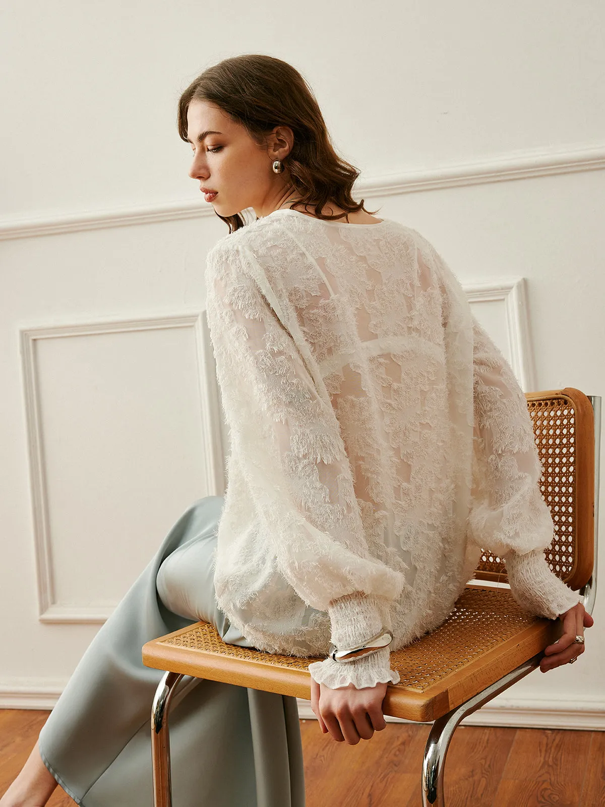 V-Neck Lantern Sleeve Embroidered Top sold by COMMENSE product image thumbnail 2