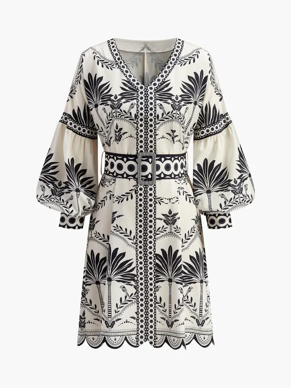 Boho Print V-Neck Belted Dress sold by COMMENSE