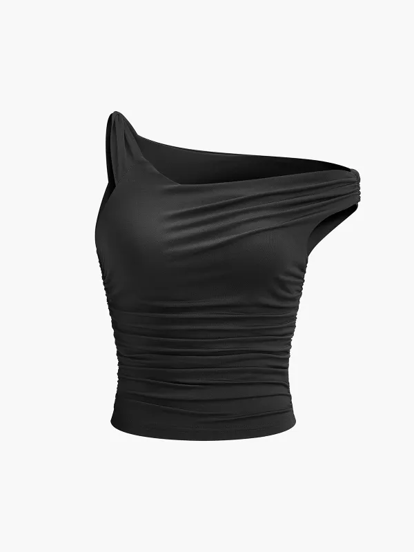 Asymmetrical Collar Pleated T-Shirt made by COMMENSE
