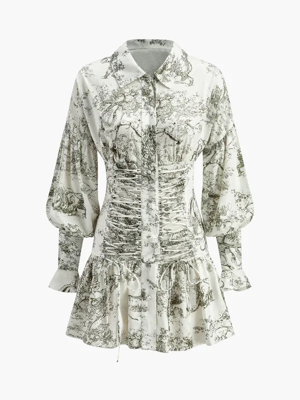 Drawstring Front Floral Puff Sleeve Dress sold by COMMENSE