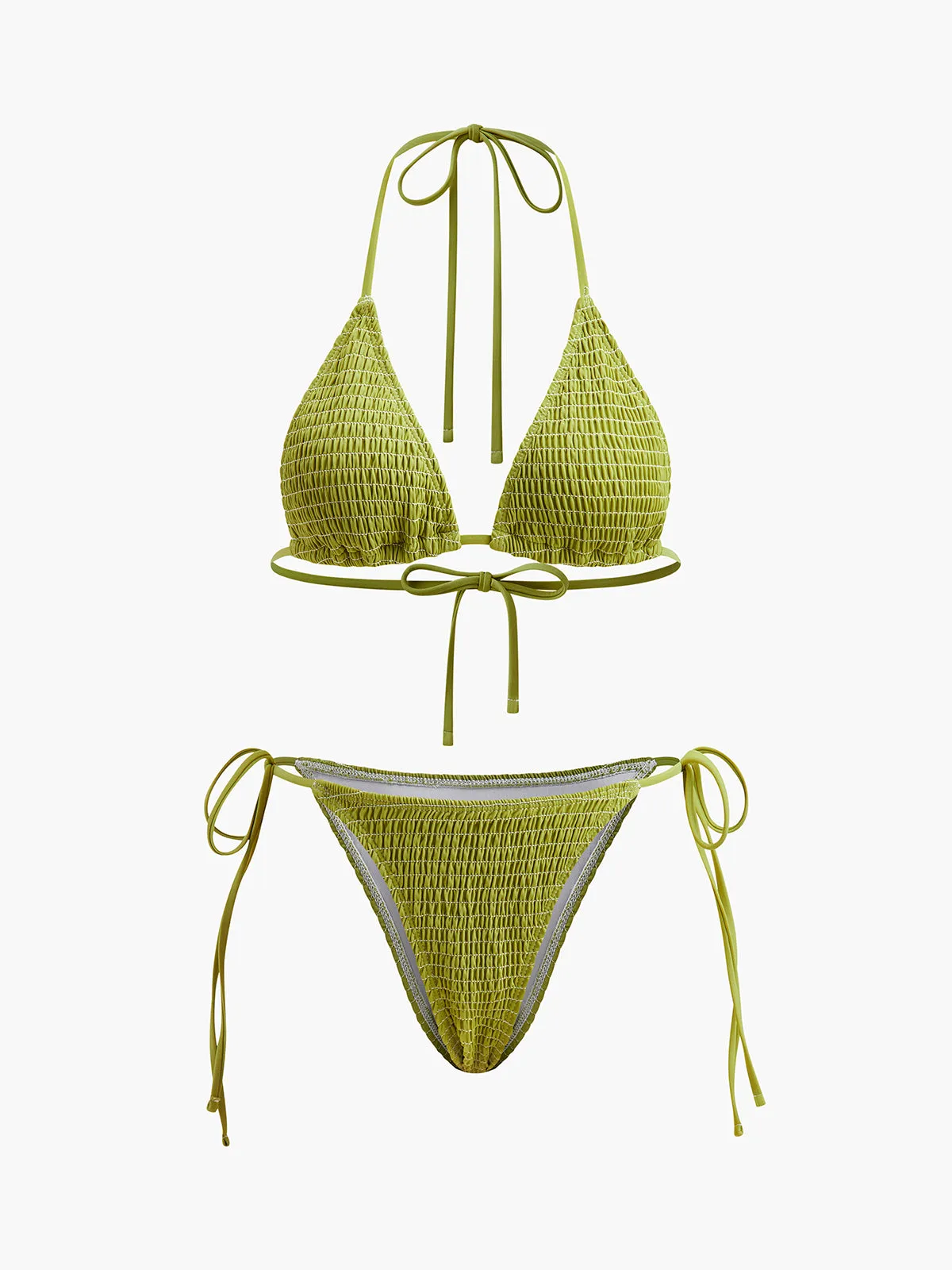 Smocked Triangle Bikini With Tie Straps sold by COMMENSE
