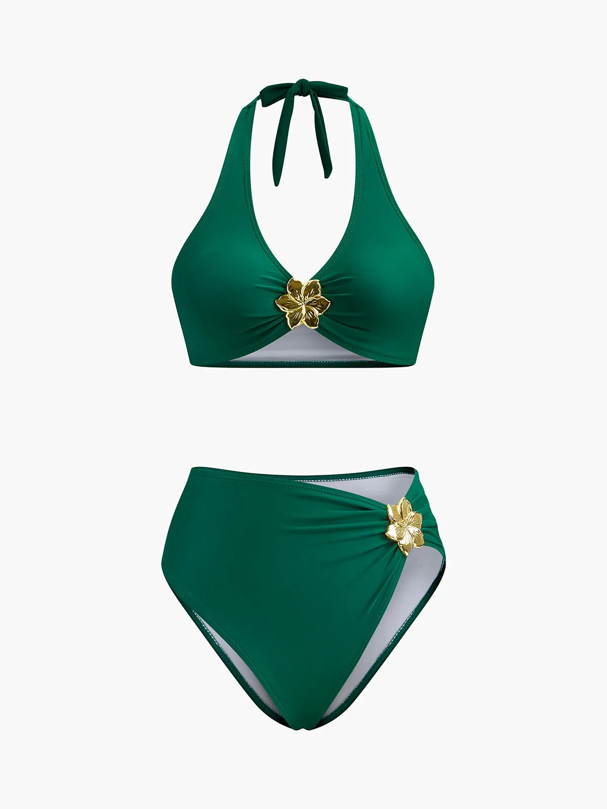 Metal Flower Detail Halter Bikini Set sold by COMMENSE