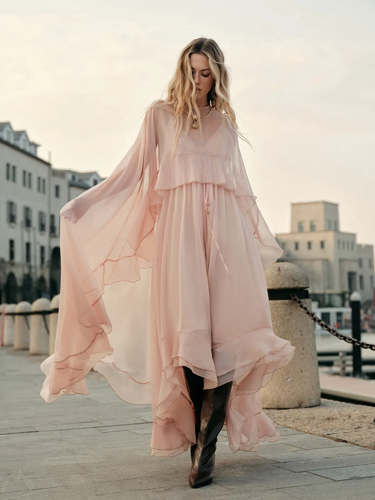 Semi-Sheer Chiffon Layered Dress With Cloak sold by COMMENSE product image thumbnail 3
