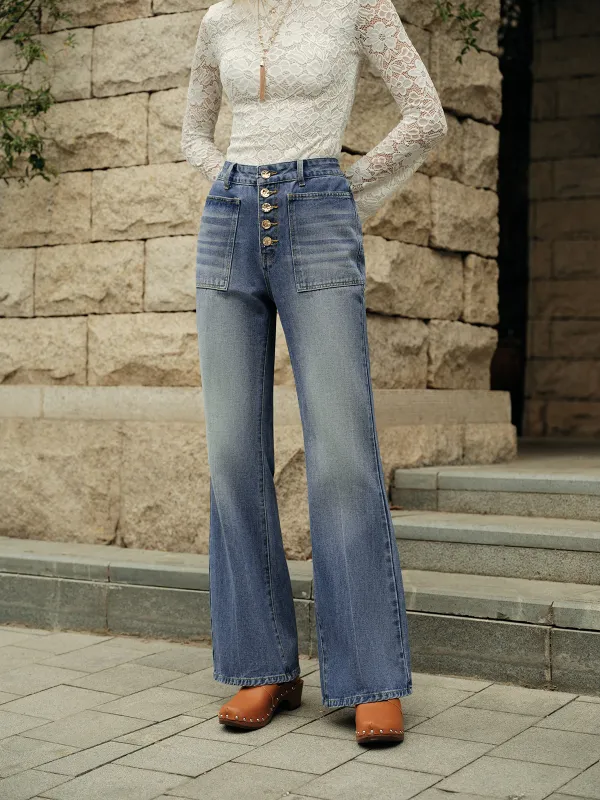 Button Detail High-Waisted Flared Denim Pants sold by COMMENSE