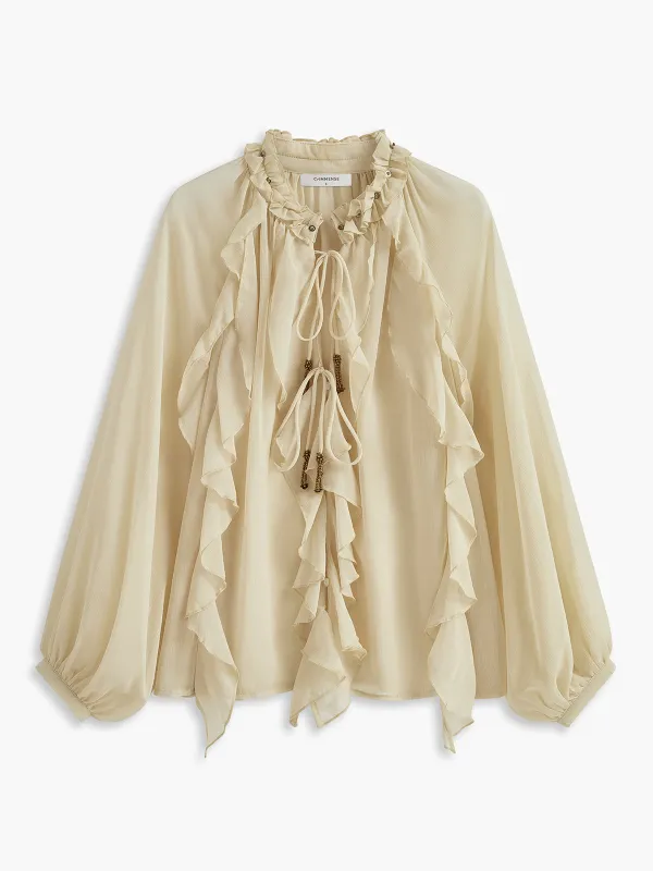 Metal Detail Chiffon Ruffled Blouse sold by COMMENSE