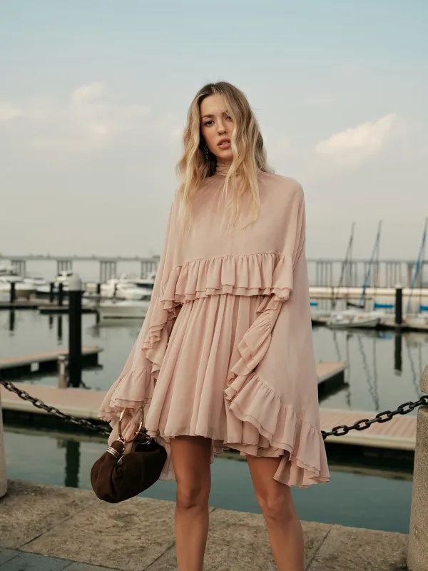 Semi-Sheer Chiffon Ruffle Dress With Outer Cape sold by COMMENSE