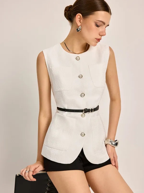 Button-Front Pockets Textured Vest Without Belt sold by COMMENSE