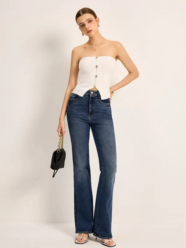 Button-Front Knit Strapless Top sold by COMMENSE