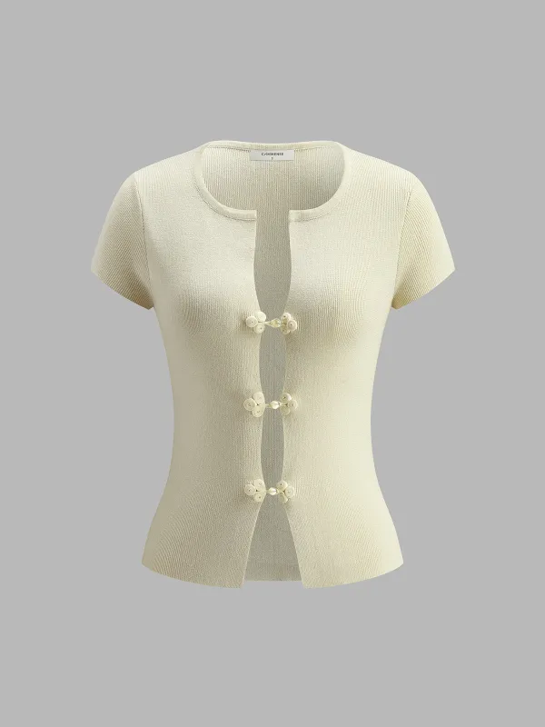 Button-Detail Ribbed Knit Top sold by COMMENSE