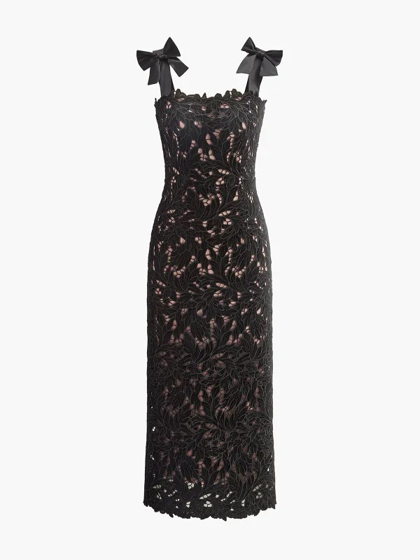 Floral Jacquard  Bow Straps Dress made by COMMENSE