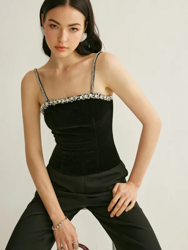 Rhinestone-Embellished Velvet Cami Top sold by COMMENSE