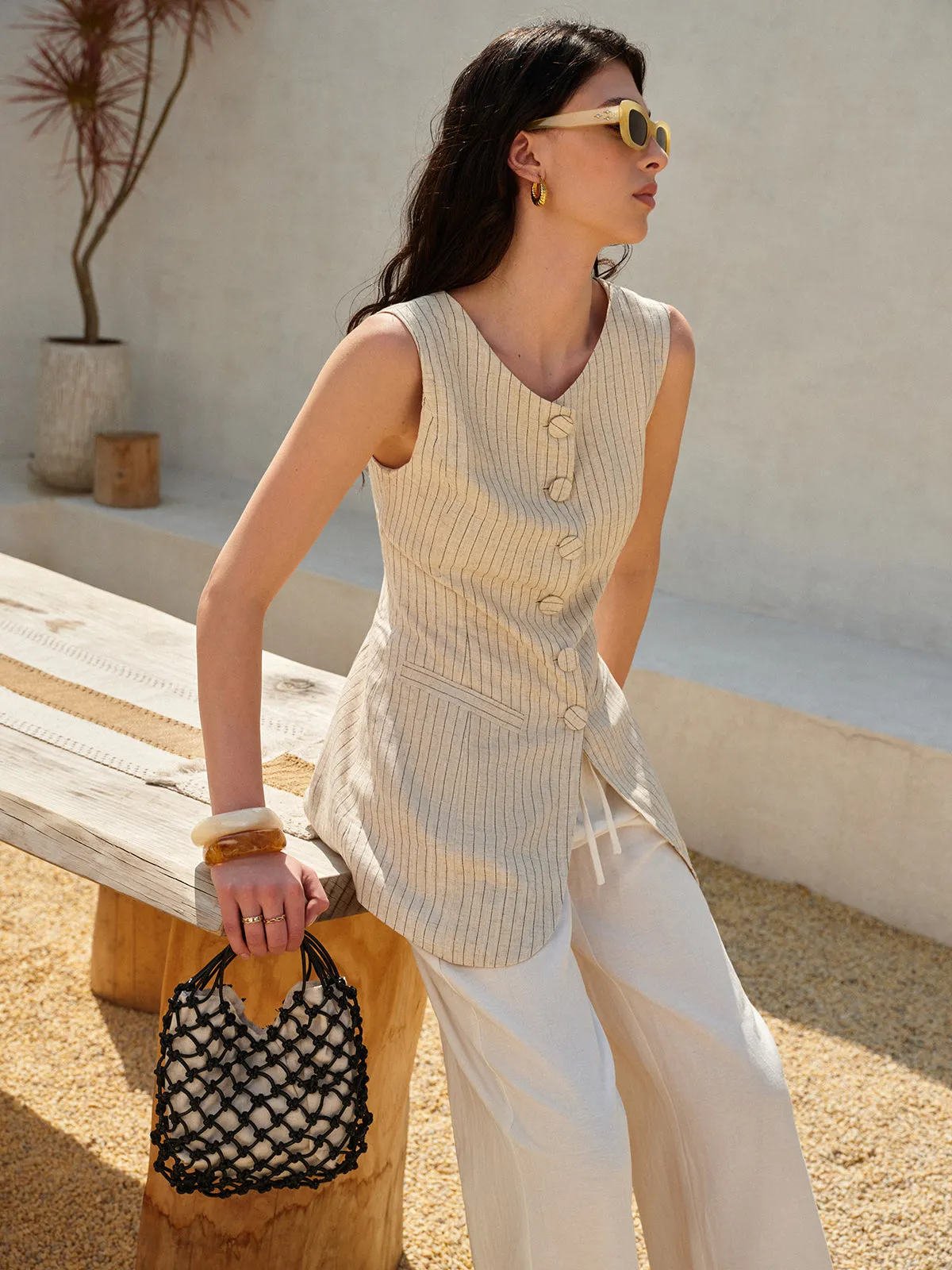 Cotton & Linen Button-Front Sleeveless Vest sold by COMMENSE product image thumbnail 3
